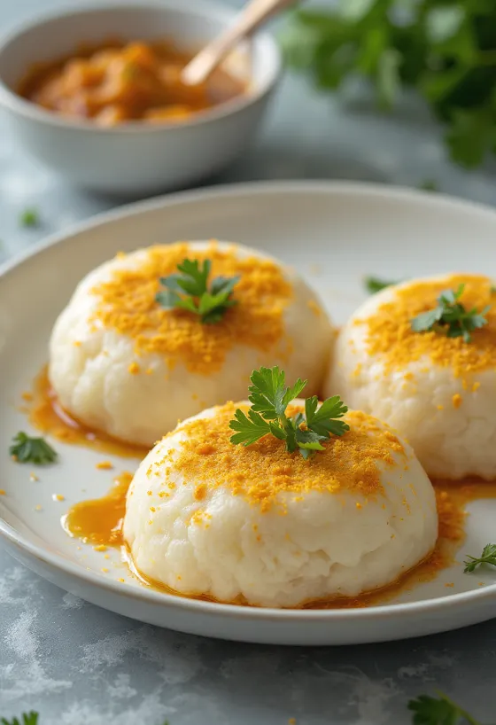 Idli com podi, comida indiana com bolinhos de arroz cozidos no vapor, decorados com sementes de abóbora e coentro