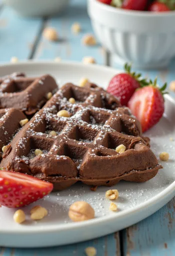 Waffle de cacau com frutas frescas e calda de chocolate