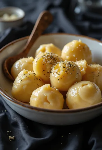 Knödel alemão servido com molho escuro