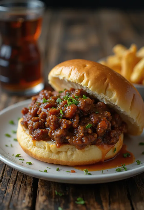 Sanduíche Sloppy Joe com molho inglês, recheio generoso de carne moída