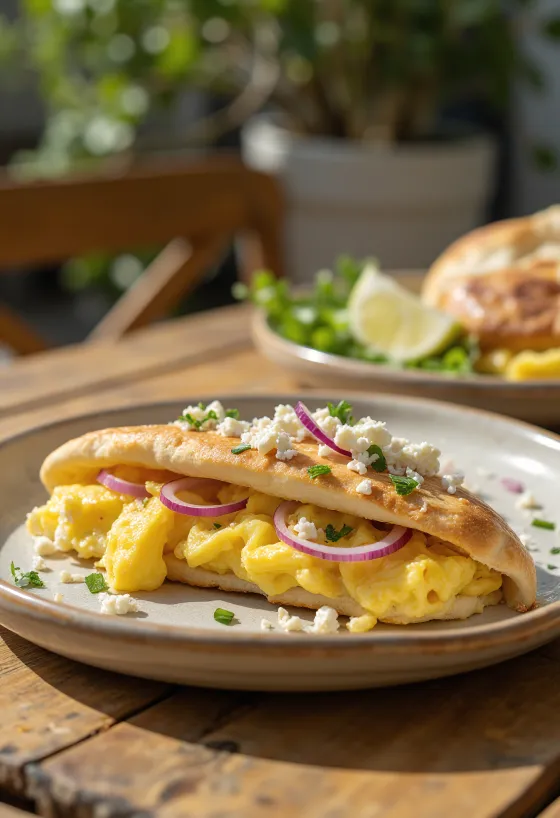Pita com ovos mexidos, feta e legumes frescos
