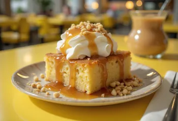 Bolo Três Leites com caramelo, pão de ló embebido em leite em prato branco