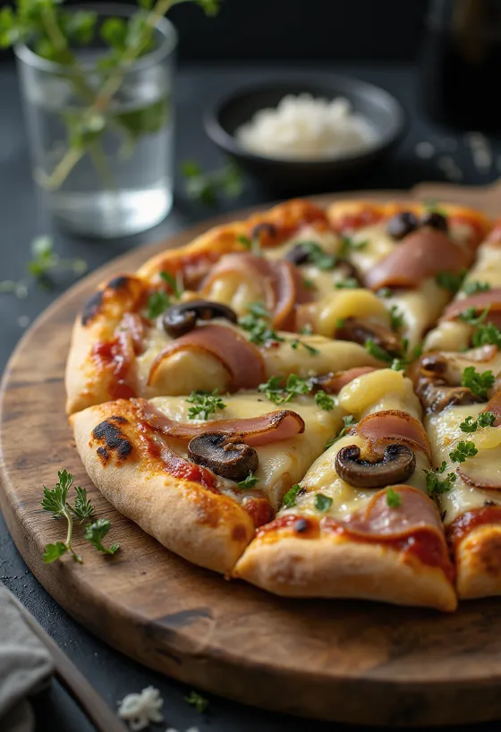 Pizza Capricciosa Vegana com alternativas vegetais servida