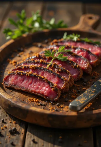 Biltong com molho inglês, fatias de carne picante em uma grade de secagem