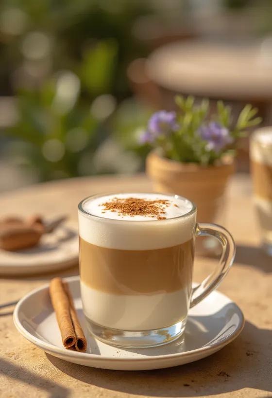 Latte de canela e hortelã, bebida de café decorada com pau de canela e hortelã