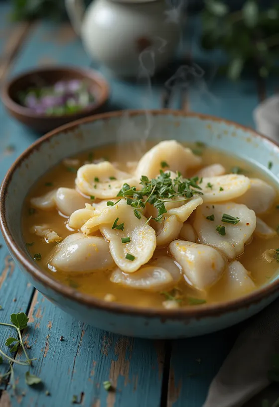 Sujebi de Peixe, massa e filé de peixe em caldo rico