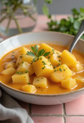 Ensopado de batata clássico com creme de leite e decorado com salsa fresca.