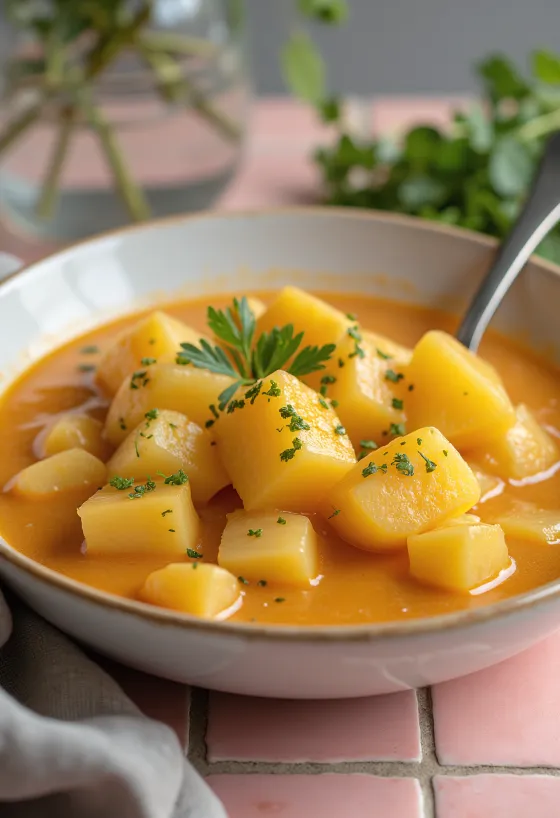 Ensopado de batata clássico com creme de leite e decorado com salsa fresca.