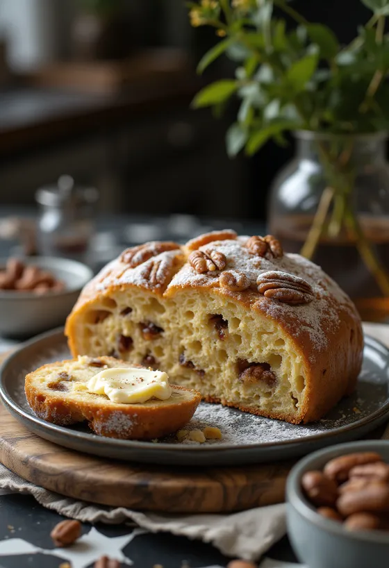 Stollen de Noz-Pecã e Cardamomo fatiado, polvilhado com açúcar de confeiteiro