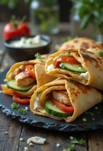 Mini wraps de frango recheados com legumes, servidos de forma fresca e apetitosa