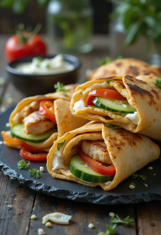 Mini wraps de frango recheados com legumes, servidos de forma fresca e apetitosa
