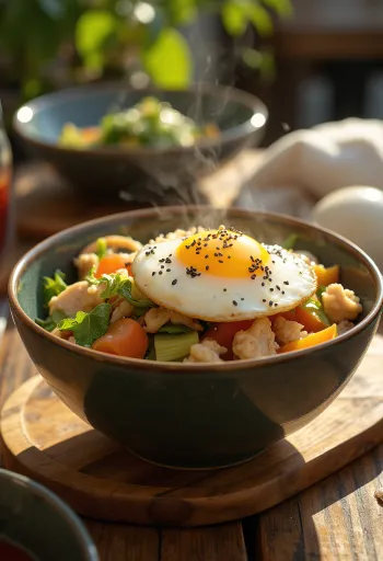Bowl de Legumes com Onsen Tamago, ovo mole, vegetais frescos e molho rico