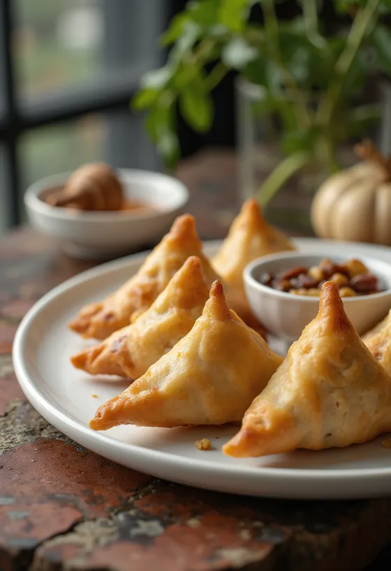 Samosa doce de nozes e passas servida