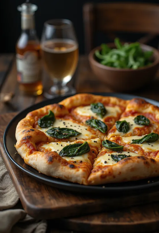 Pizza estilo tibetano servida com queijo de iaque e espinafre fresco