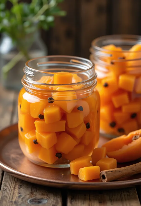 Mamão papaya em conserva servido em pote