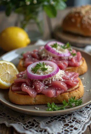 Smørrebrød de rosbife com raiz-forte, servido com salmão defumado e salsinha fresca