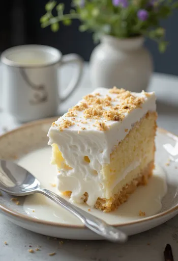 Bolo três leites clássico, pão de ló molhado servido em prato branco