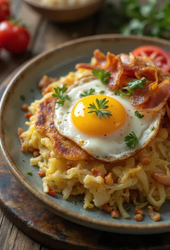 Trinxat com ovo frito, prato catalão com batatas e bacon