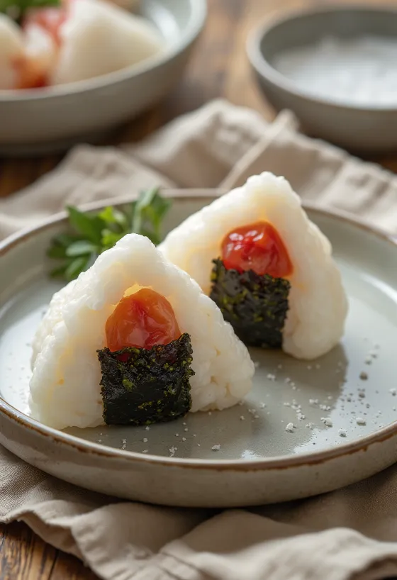 Onigiri com recheio de ameixa Umeboshi servido com folhas frescas de nori