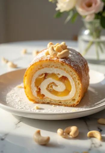 Bolo de Rolo com castanha-de-caju, servido com geleia de damasco e pão de ló fino