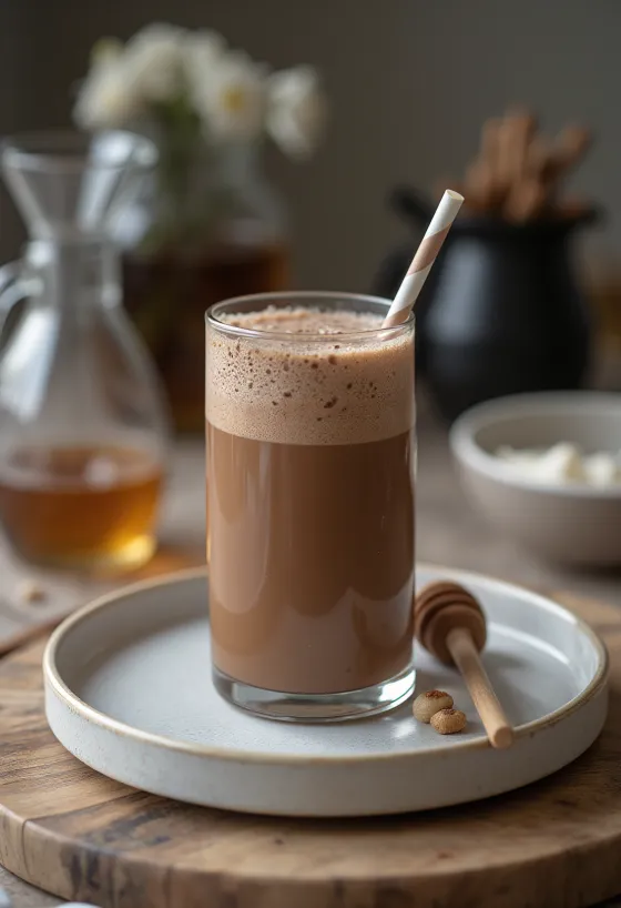 Milkshake de chocolate servido no copo