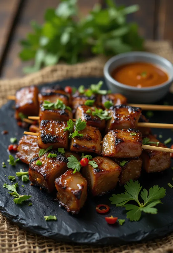 Satay de Pato, carne de pato grelhada em marinada de amendoim