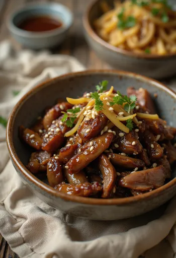 Bulgogi de Carne com Gengibre estilo coreano servido no prato