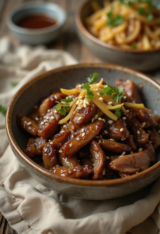 Bulgogi de Carne com Gengibre estilo coreano servido no prato