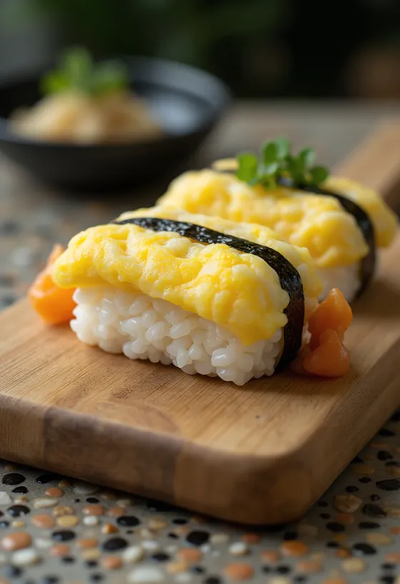 Tamago Sushi, sushi de ovo, ovo fresco sobre o sushi