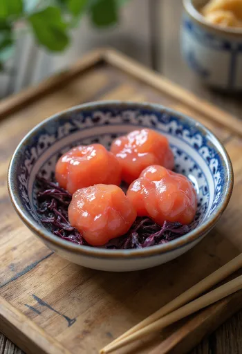 Umeboshi em um prato, decorado com folhas de shiso