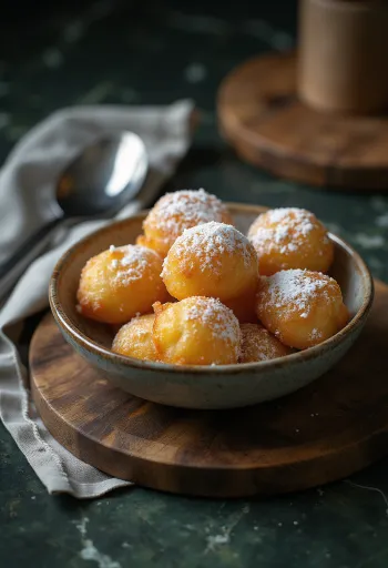 Zeppole clássico, dourado, servido com açúcar de confeiteiro