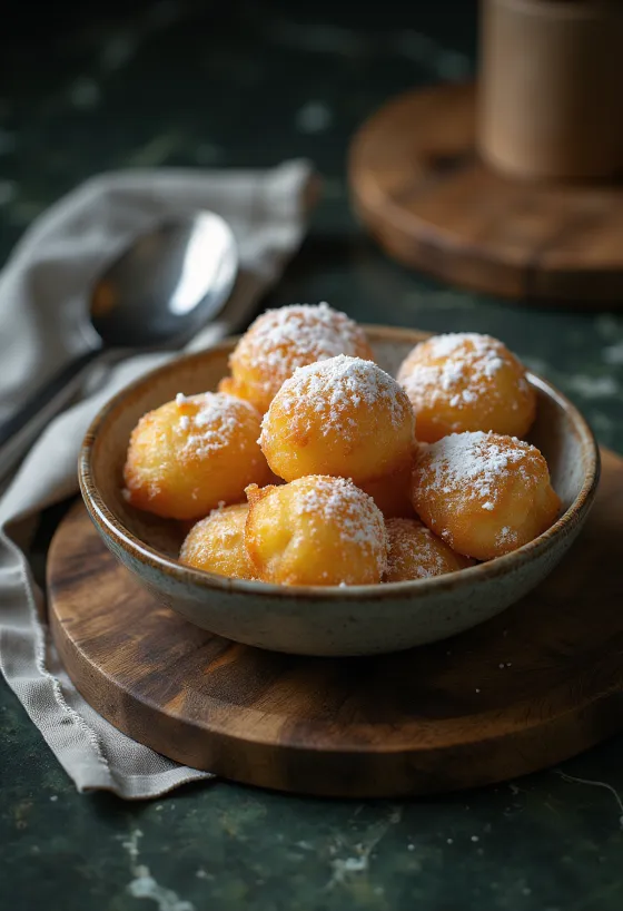 Zeppole clássico, dourado, servido com açúcar de confeiteiro