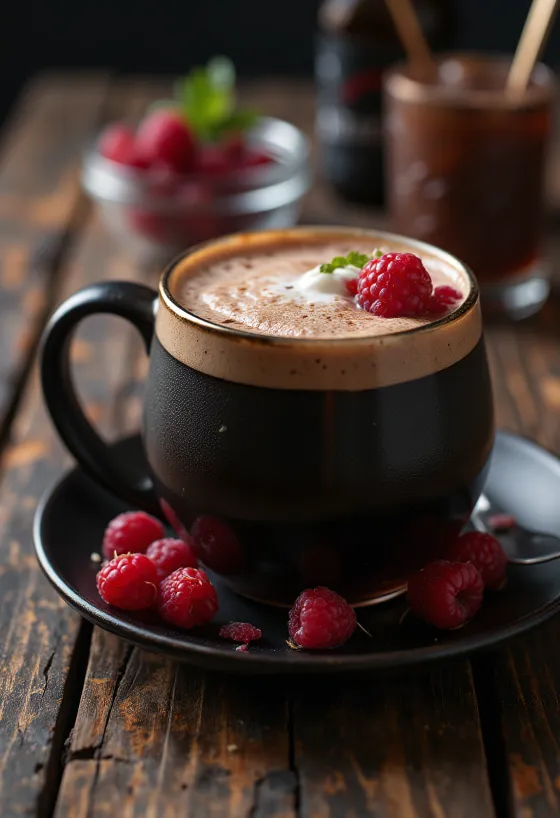 Sidra com chocolate e framboesa servida no copo