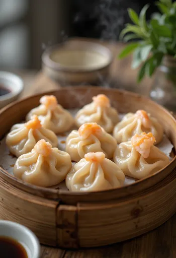 Dumpling cozido no vapor estilo dim sum em massa translúcida com recheio de camarão
