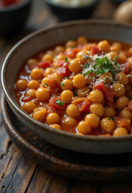 Estofado de grão-de-bico com tomate servido