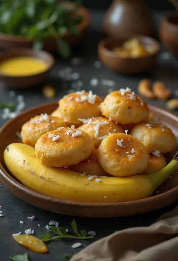 Unni appam com banana e coco ralado, frito até dourar
