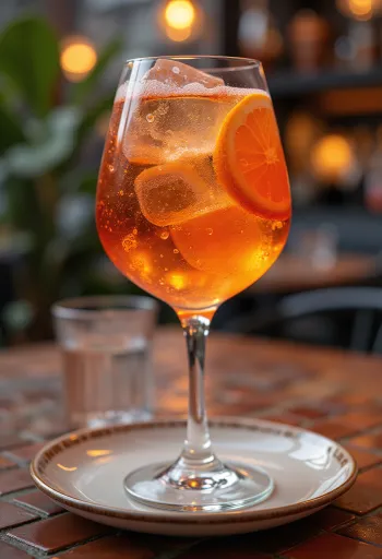 Taça de vinho grande com coquetel laranja brilhante e muito gelo