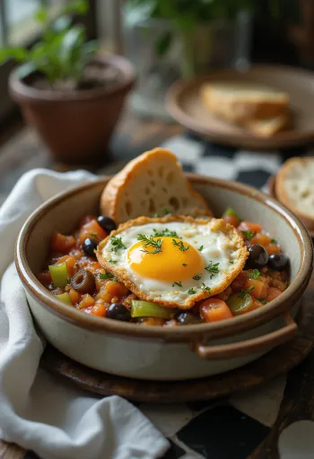 Caponata à moda de Catânia servida com berinjela frita, salsão e azeitonas