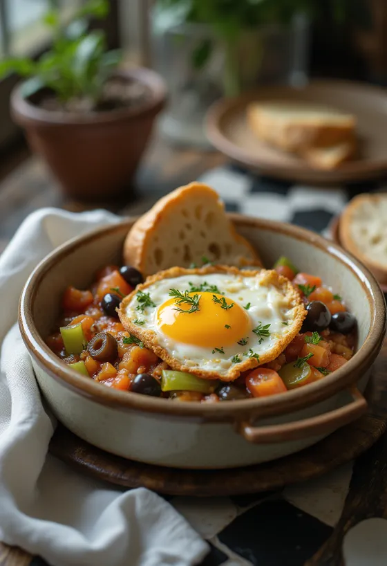 Caponata à moda de Catânia servida com berinjela frita, salsão e azeitonas