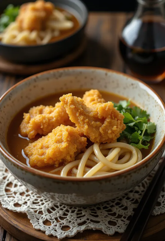 Karaage udon servido em tigela com macarrão udon e frango frito, em molho à base de shoyu e decorado com cebolinha