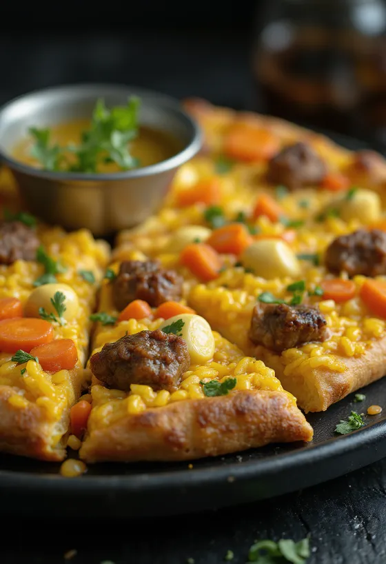 Pizza estilo uzbeque com arroz