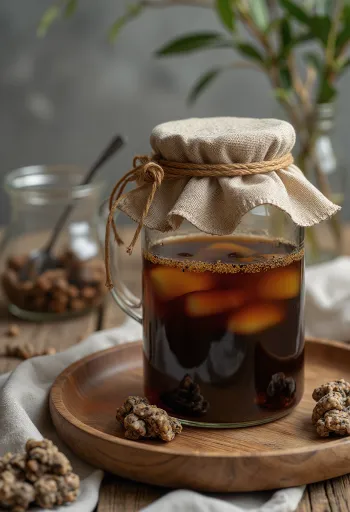 Kombucha à base de chá preto servida em copo transparente, cor âmbar claro