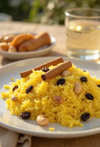 Mishti Pulao com açafrão, arroz condimentado decorado com água de rosas e frutas secas