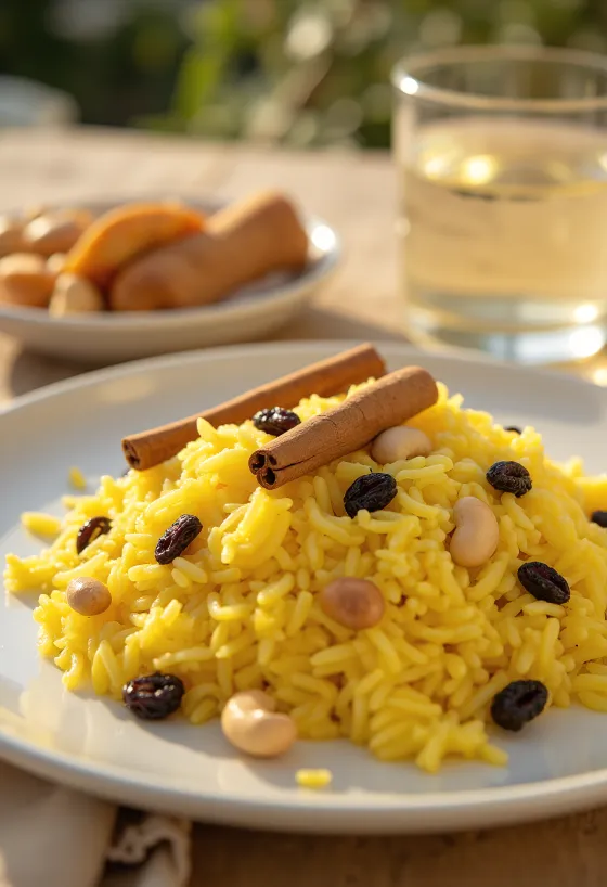 Mishti Pulao com açafrão, arroz condimentado decorado com água de rosas e frutas secas