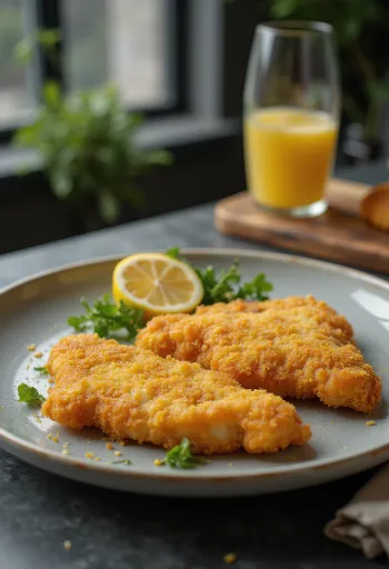 Schnitzel crocante servido com limão e batatas com salsinha