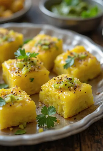 Dhokla de repolho com coentro fresco e óleo temperado