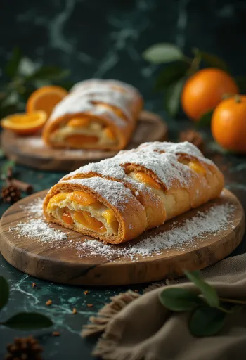 Stollen de Cravo e Laranja fatiado, polvilhado com açúcar de confeiteiro