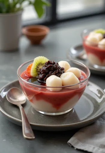 Anmitsu com shiratama dango, servido com frutas frescas