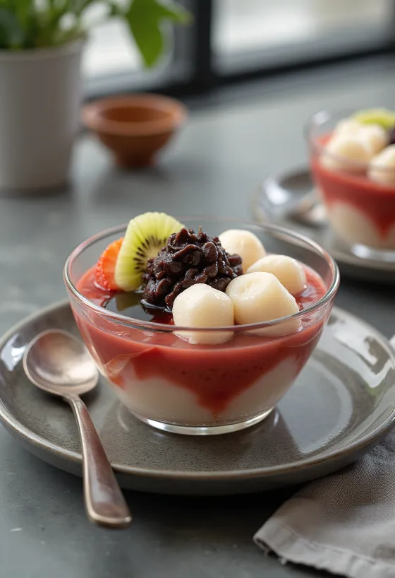 Anmitsu com shiratama dango, servido com frutas frescas