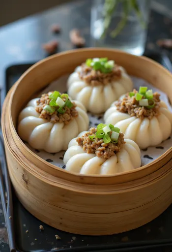 Baozi chinês com recheio de cogumelos e carne de porco, servido em vaporizador de bambu